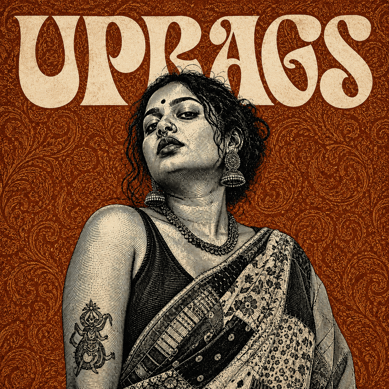 An Uprags piece — a woman in an upcycled saree against a block-printed backdrop
