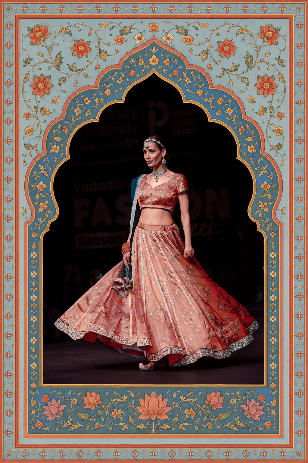 Uprags piece — a pink ghaghra choli framed in a Mughal arch